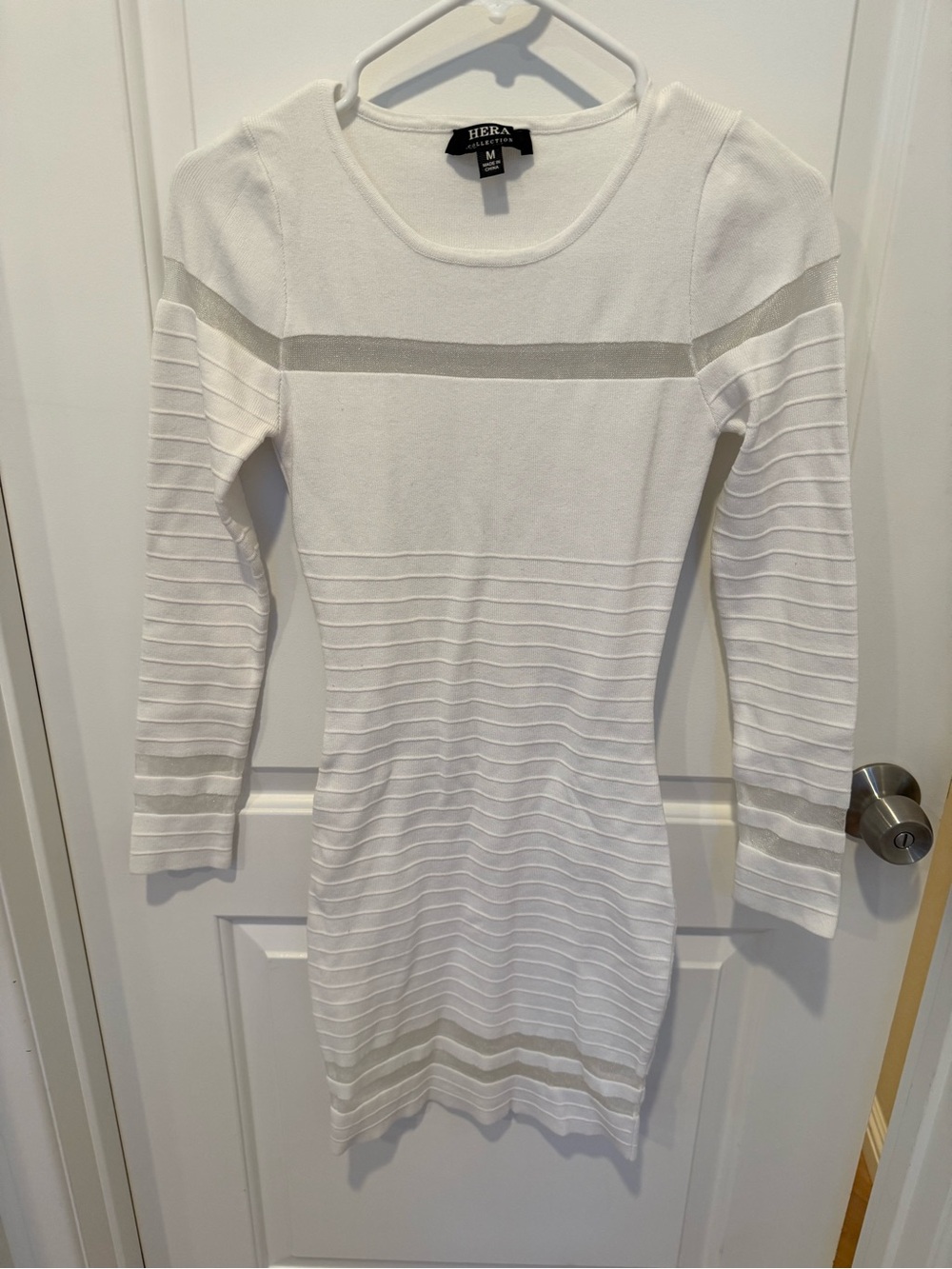 Hera Collection White Knit Long-Sleeve Dress with Silver Stripe